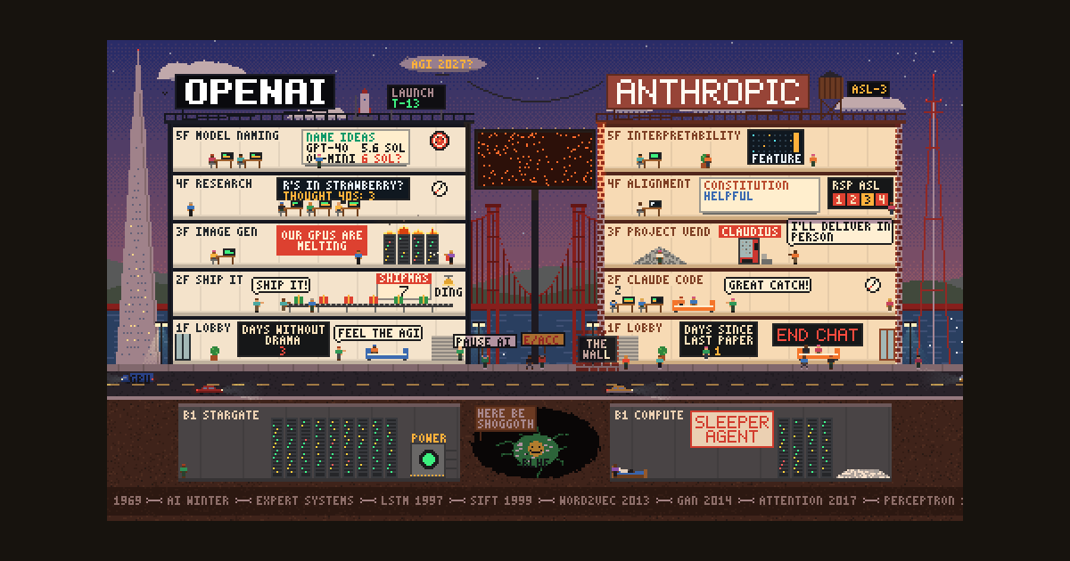 Frontier Row: OpenAI and Anthropic as two pixel-art towers on a waterfront at dusk