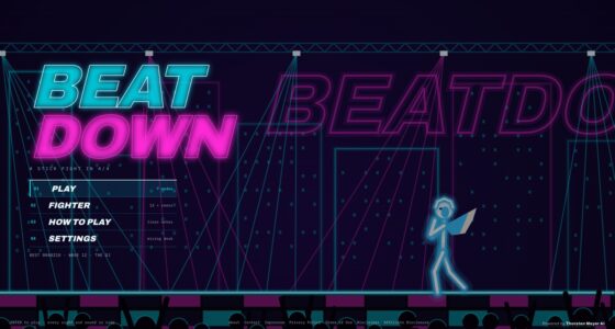 BEATDOWN neon title in cyan and magenta over a laser-lit club stage